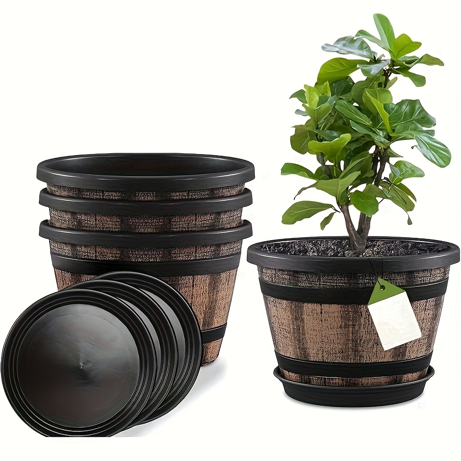 6pcs set of flower pots large whisky   flower pots with drainage holes and trays plastic flowerpots designed to   wine barrels suitable for indoor and outdoor garden home plants brown gardening gift home decor