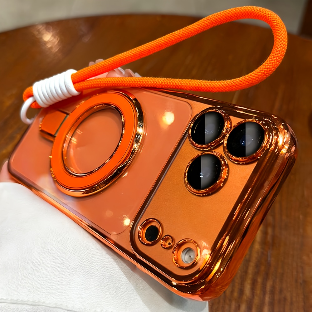 Image of Phone Case: Luxury Plating Clear Magnetic Ring Holder Wireless Case With Short Lanyard For Iphone 18 17 Pro 17 16 Pro 15 Pro Max 15 Pro Max 15 Pro 14 13 12 11 Camera Protection Shockproof Cover Black