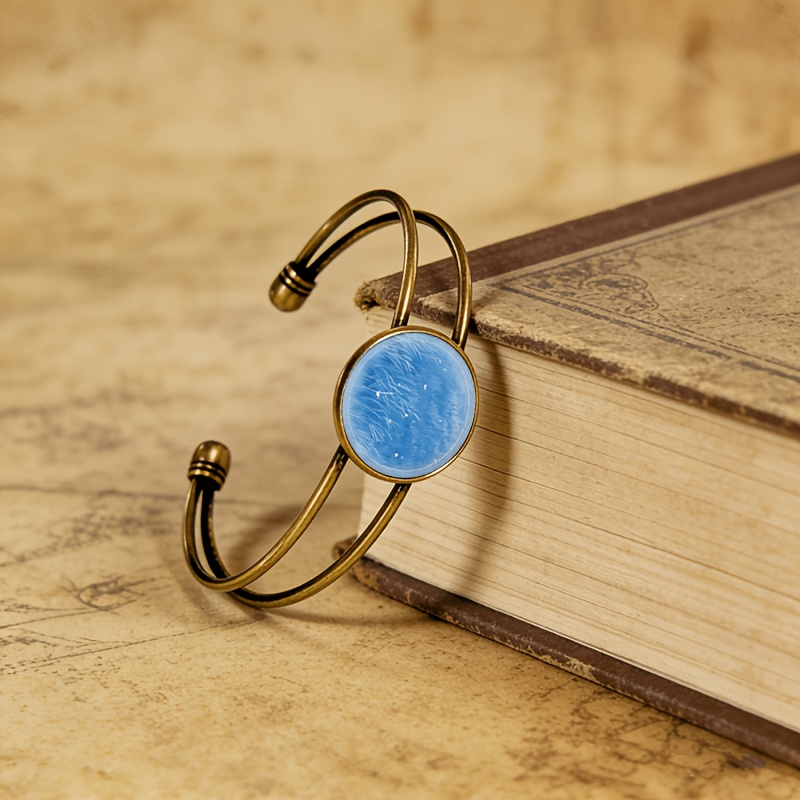 Antique Cyan Double-Layer Adjustable Opening Bracelet, Abstract Design