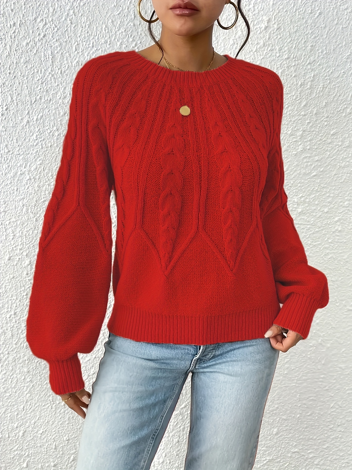 cable knit crew neck sweater elegant lantern sleeve knitted top for   womens clothing details 41