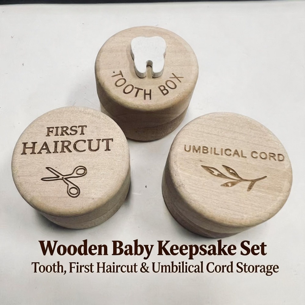 Image of 3pcs Set , Teeth, And Cord Keepsake Box, Wooden Memory Box, And 100th Day Gift For New Parents, Portable And Simple Childhood Growth Storage Wooden Box, Hair And Teeth Keepsake Storage Box