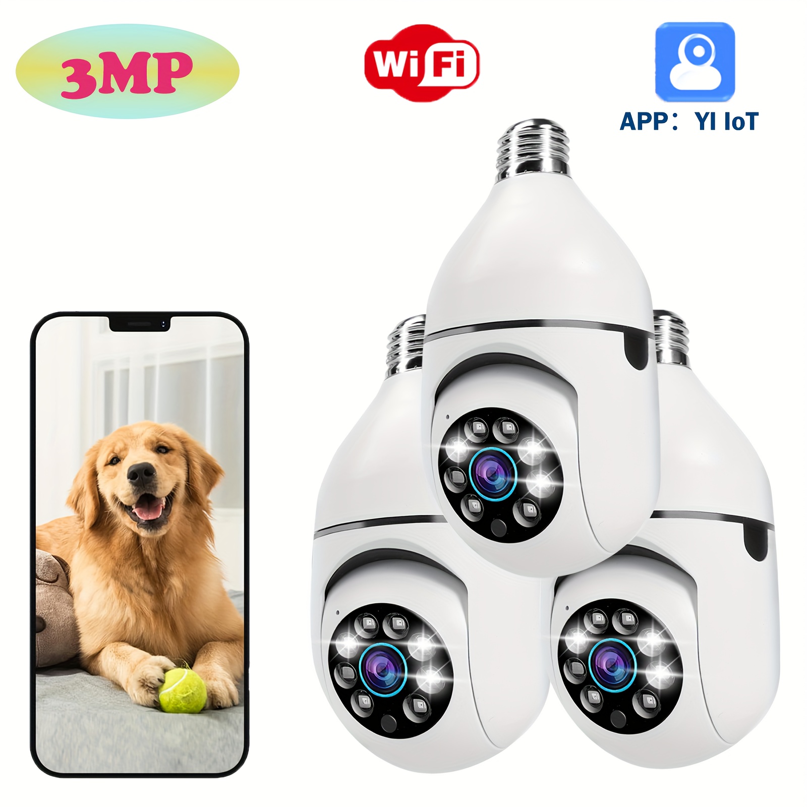 TEMU 3pcs 3mp Security Bulb Camera Indoor, Wifi Wireless Home Camera, Audio, Auto-tracking, Color Night Vision, Motion/sound Detection, Sd Card Storage Support, Indoor Camera With Mobile Apps