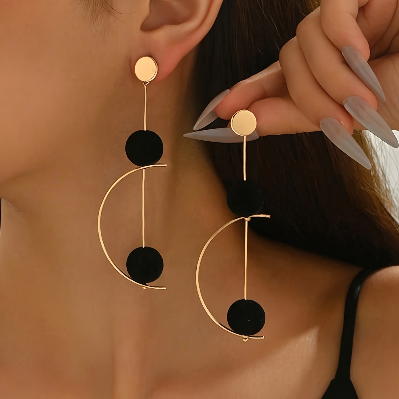 TEMU 1 Pair Of Vintage Minimalist Multi-functional Creative Long Earrings With Geometric And Black Spherical Pendant, Suitable For Women' Wear,