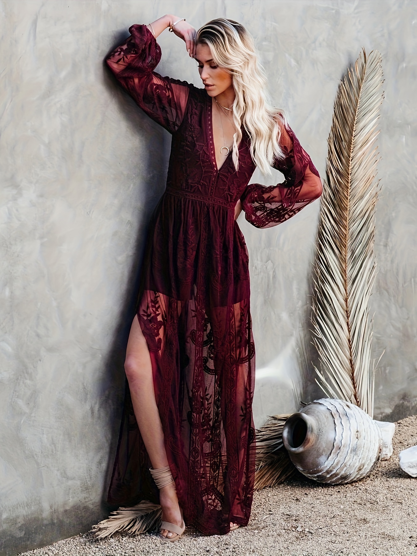 Women's Vintage Boho Floral Embroidered Lace Romper Dress Deep V-Neck  Long Bell Sleeves, A-Line Maxi Dress with Side for Weddings, Parties Ch