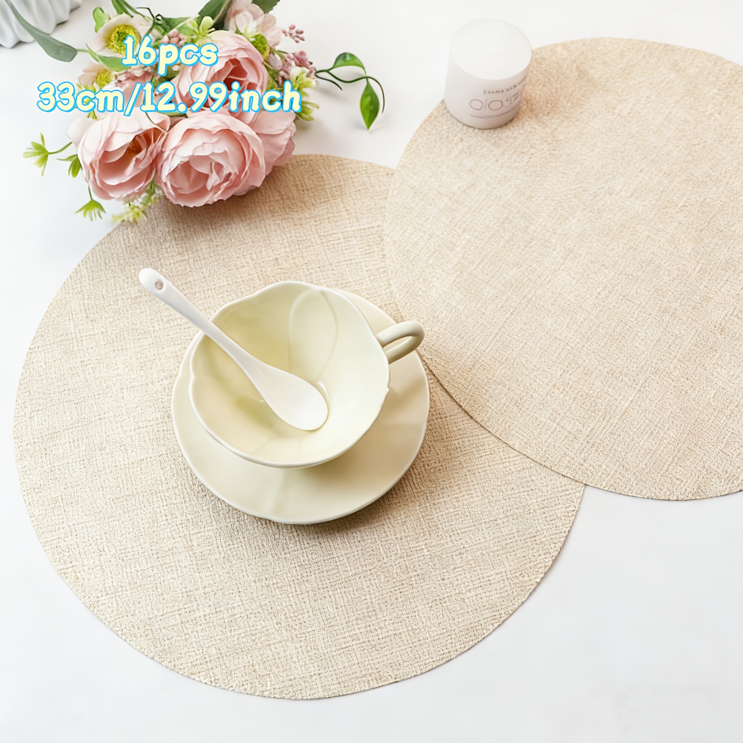 E-shop Set mit 16 rosa runden Leinen-Tischsets, 12,99 Zoll Durchmesser, Jute-Tischsets im Landhausstil, runde Jute-Tischsets im Bohemian-Stil, geeignet