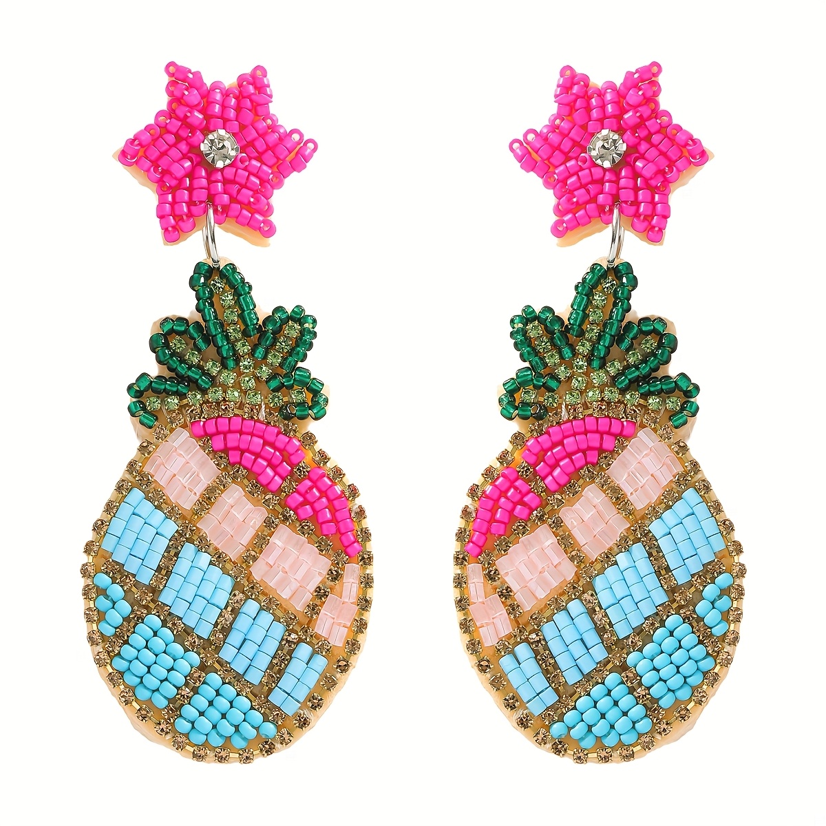 TEMU Bohemian Handmade Colorful Bead Rhinestone Pineapple Earrings, Vacation Party Earrings For Women, Perfect Gifts For