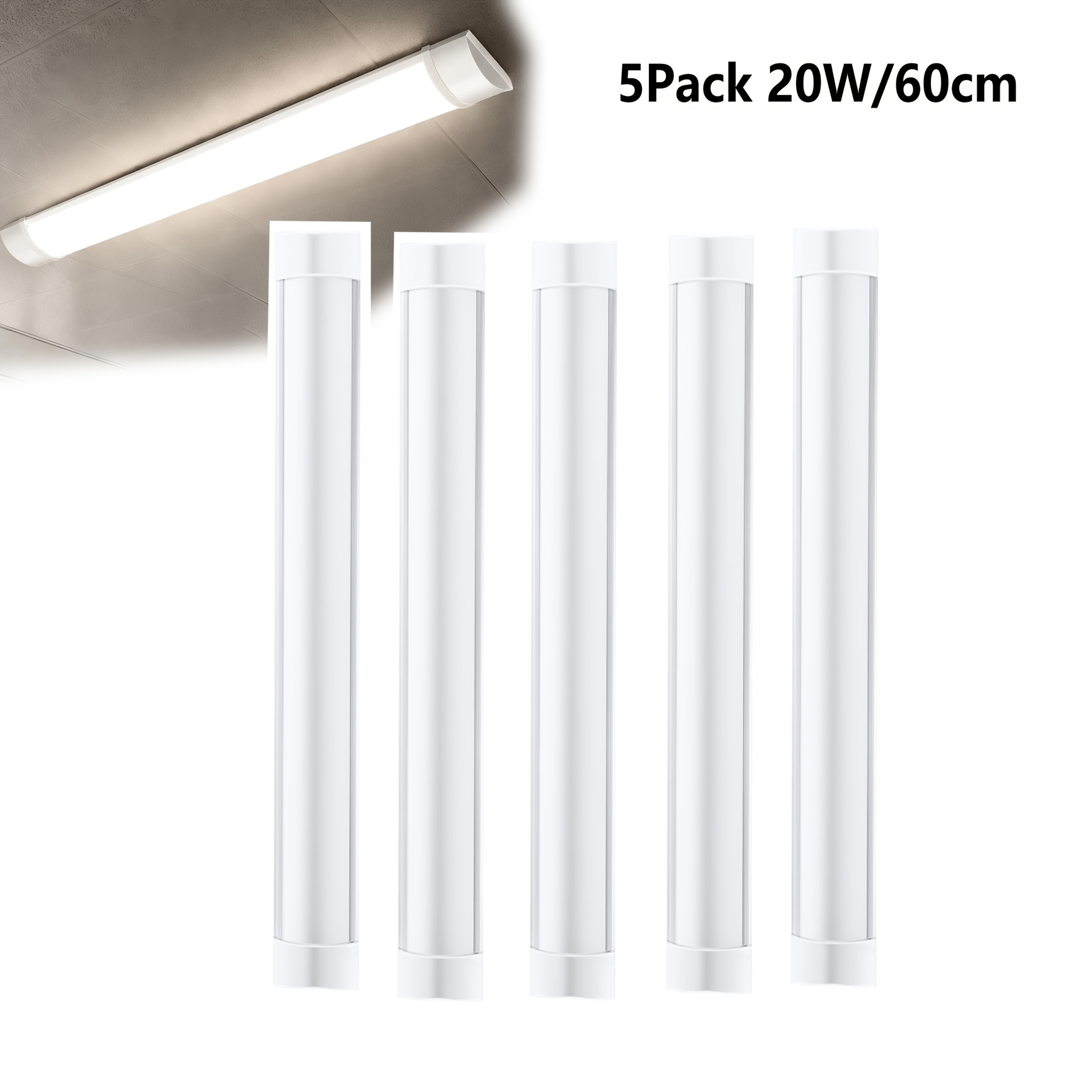 5Pack 2FT LED trakova 20W nevtralno bela, 60Cm stropna svetilka, 2000LM, brez utripanja, energijsko varčna, enostavna namestitev, garažna luč za