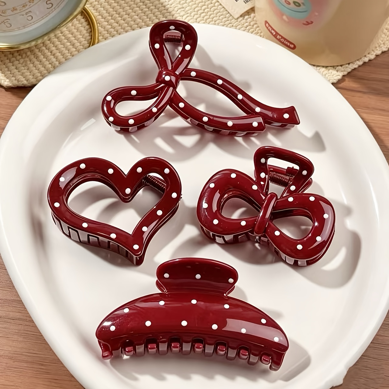 TEMU 4pcs Vintage Wine Red Polka Dot Claw Clips For Women, Sweet Heart Bow Shark Clip Set, Glossy Hairpin For A Gentle Atmosphere, Large And Secure