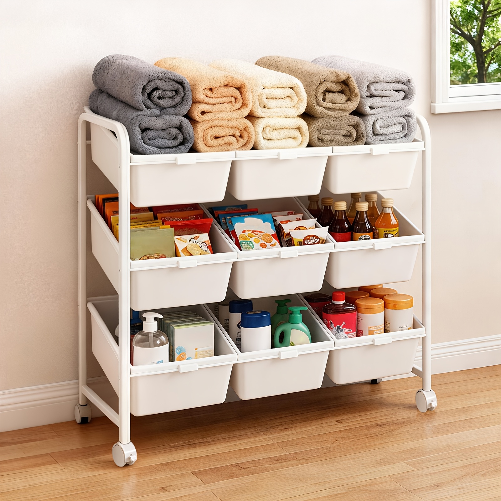 TEMU Carrello portaoggetti a 3 ripiani con ruote - Design con ripiano inclinabile a 45簞 e contenitori rimovibili facili da pulire, telaio in acciaio