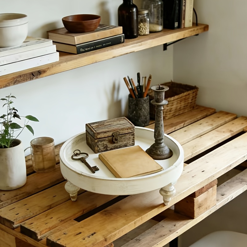 1pc 11.6-inch Round Wooden Tray | White, Distressed, Rustic Farmhouse Style - Ideal for Living Room, Table, Kitchen Decor
