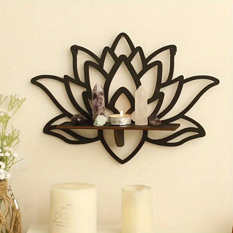 

Boho Style Wooden Floating Shelf - Wall Hanging Lotus Flower , Storage Display Shelves For Home Decor, Room Use