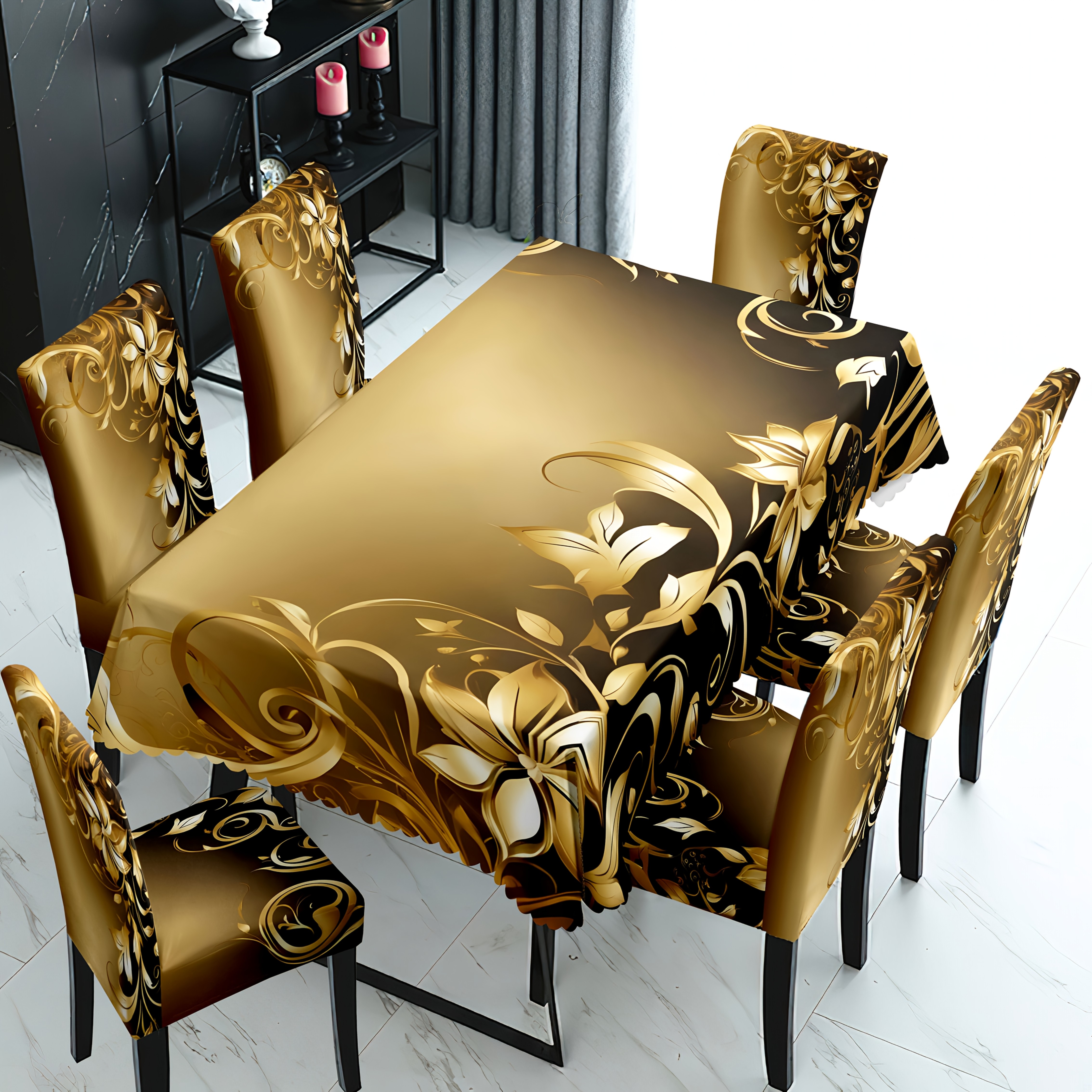 

Open; Gradient Background Golden Pattern Print 5/7pcs Tablecloth And Chair Cover Set, Suitable For , Hotel Modern Daily Decoration. Washed And Reused