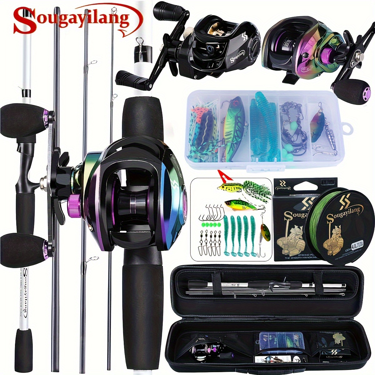 

Sougayilang Fishing Lure Tackle Set With Bag, Including 4 Sections 6.5ft Fishing Rod & 7.2: 1 Baitcasting Reel Max Drag 12lbs & Fishing Line & Artificial Fishing Soft/hard Bait & Accessories