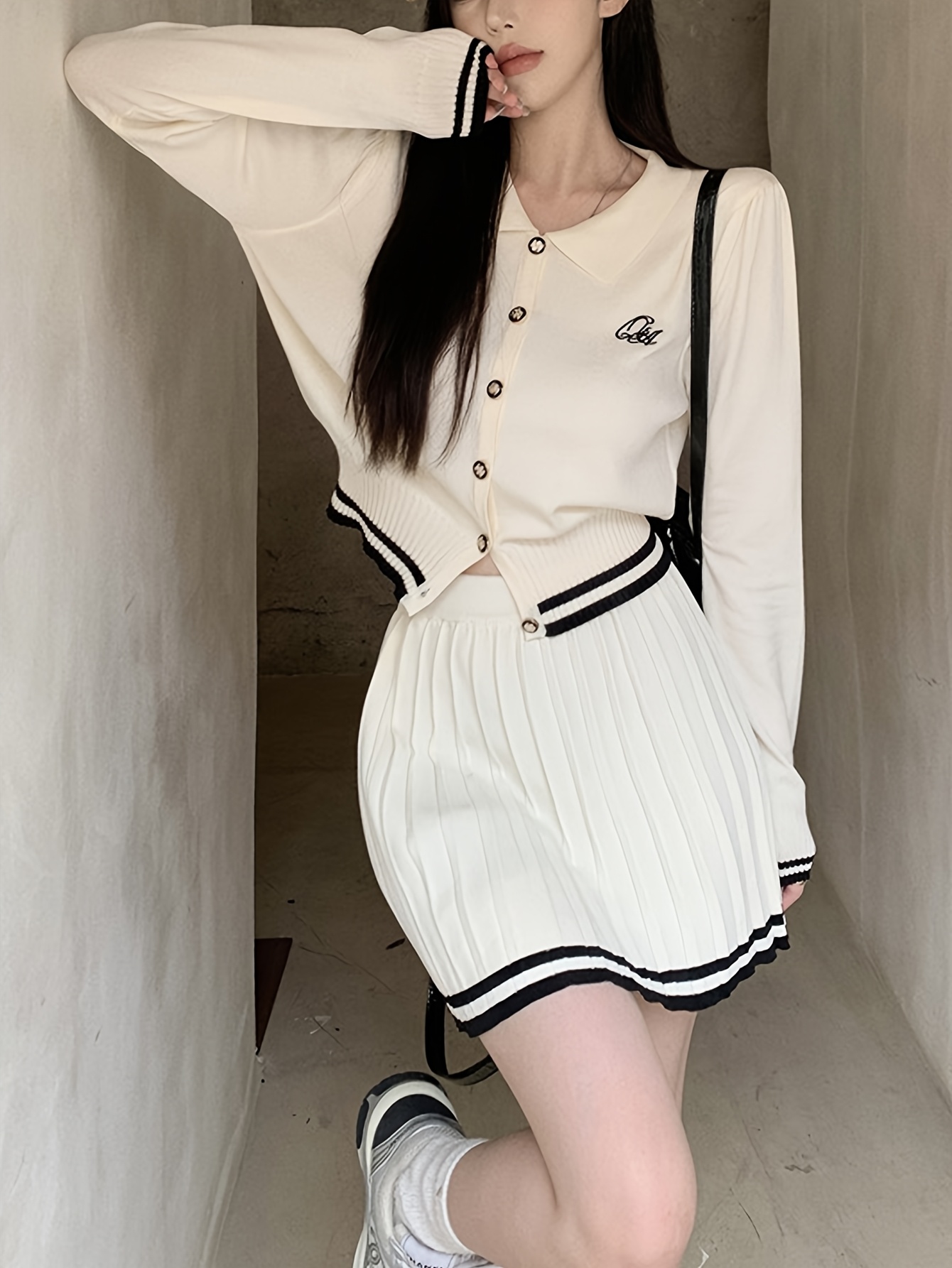 */Autumn Korean Style College Wind Turn- Collar Cardigan Long Sleeve  High-Waist Skirt Lazy Chic Elegant Women'* with Versatile Commuter  Fashion