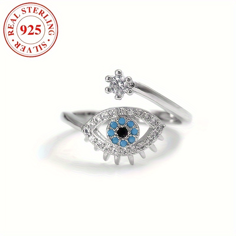 

1pc Luxury 925 Sterling Silver Evil Eye Adjustable Ring For Women, Synthetic Zirconia, Birthstone, Fashion Jewelry Gift For