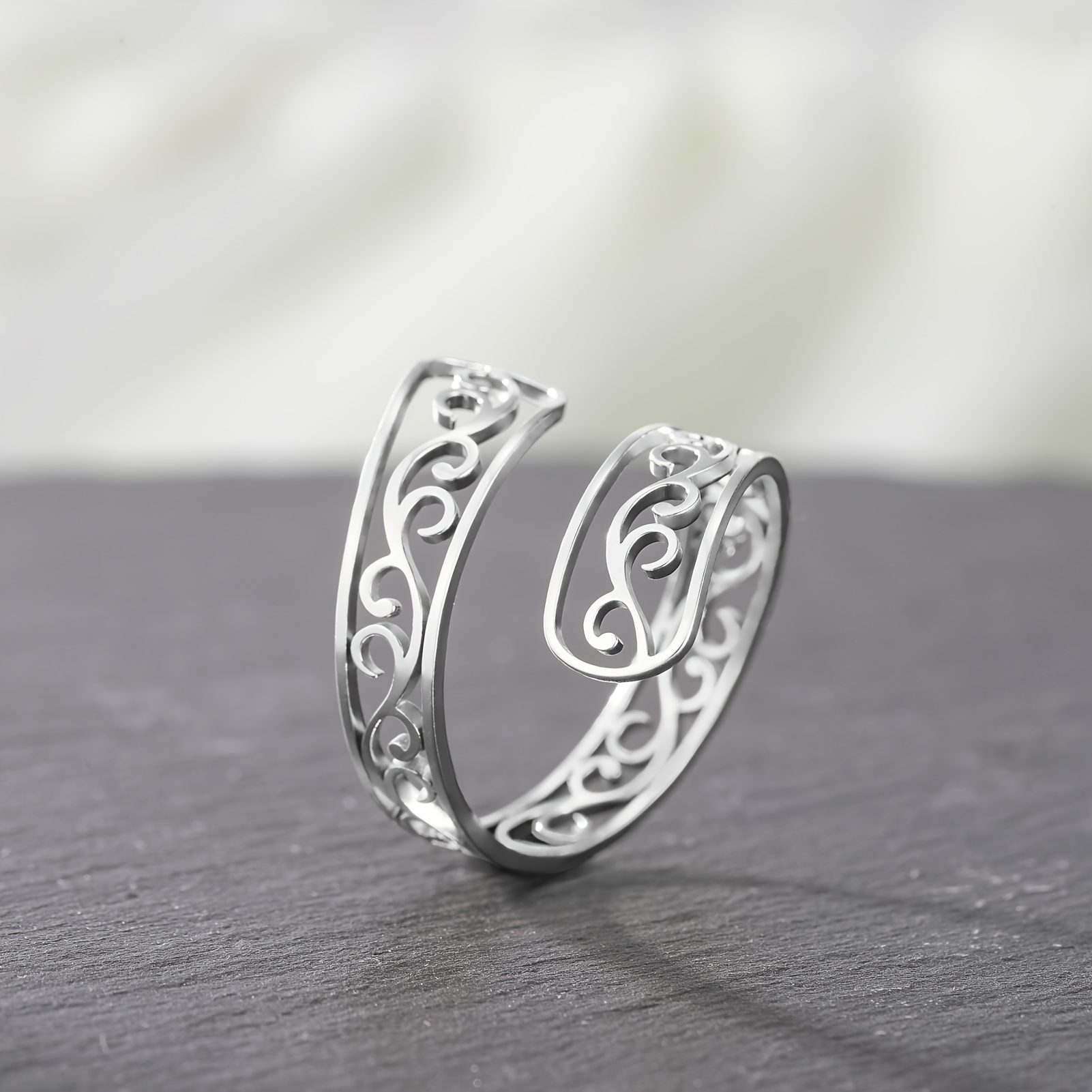 

1pc Kkjoy Style Stainless Steel Adjustable Wave , Hollow , Elegant Bohemian Ring, Perfect Valentine's Day Gift