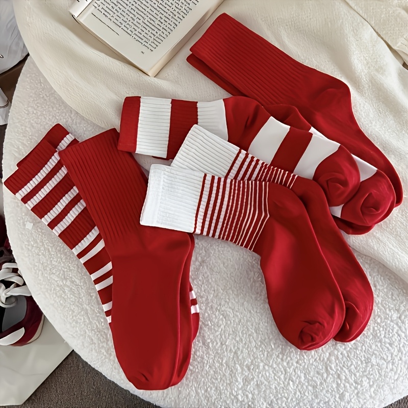 5 Pairs Festive New Year Striped Mid-calf Socks, Warm And Cozy