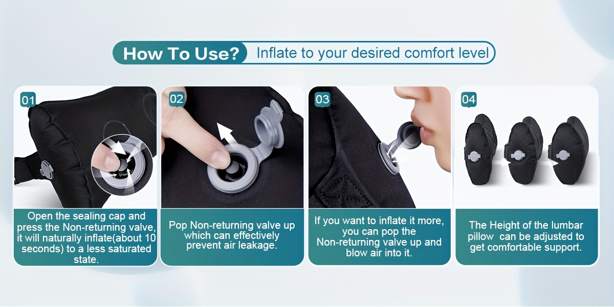 1pc inflatable lumbar support pillow for airplane travel car office chair ergonomic posture   with adjustable straps breathable mesh design hand wash only   sitting   inflatable travel pillow airplane   accessory   secure snap closure Product details 2