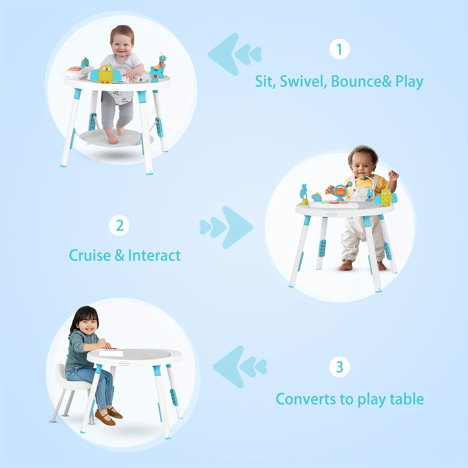 3-in-1 Baby Activity Center with Removable Toys & 360° Rotating Seat - Adjustable Height Multi-Functional Play Center, Jumper & Walker for & (Pink/Green/Blue) - Converts to Standalone Play Gym for Sensory Motor Skills Development