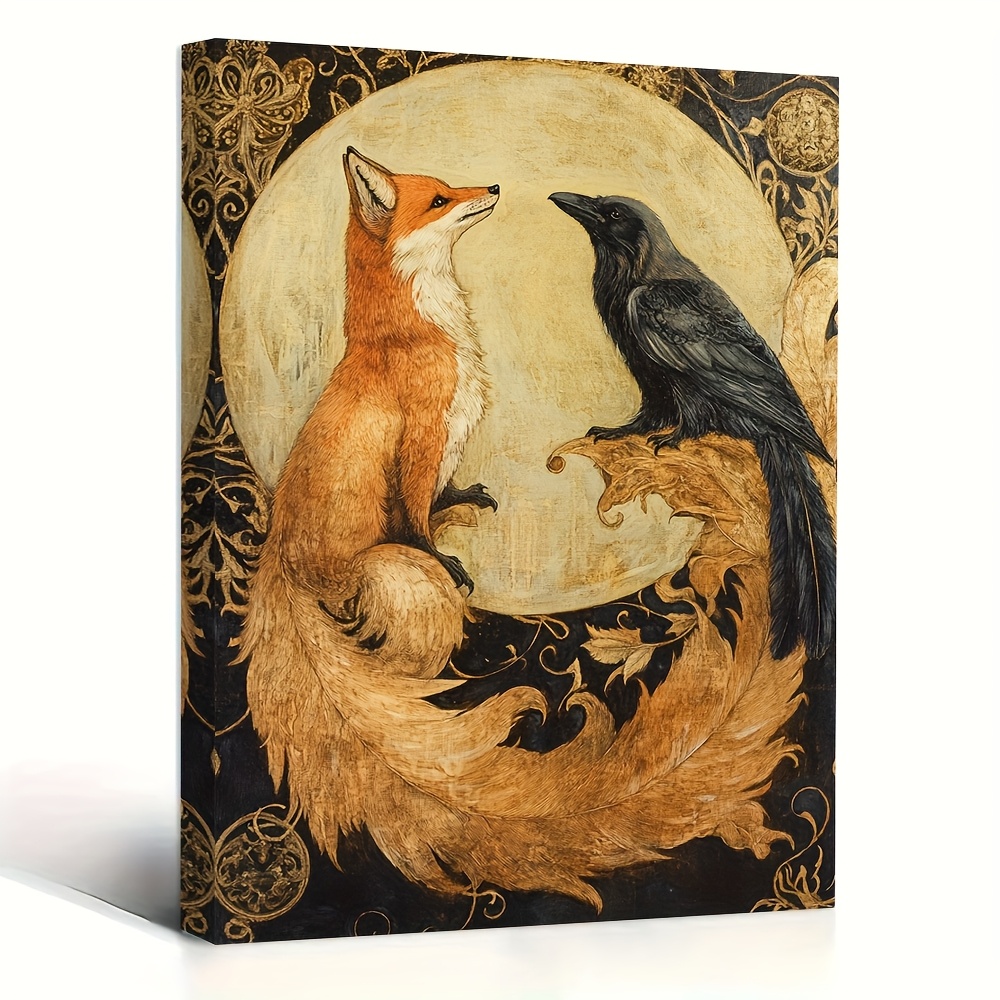 TEMU 1pc Wood Framed Fox & Celestial Vintage Oil Painting - Fox Wall Art With Wood Frame, Oil Texture, 11.8"x15.7" (30x40cm), Ready-to-hang For