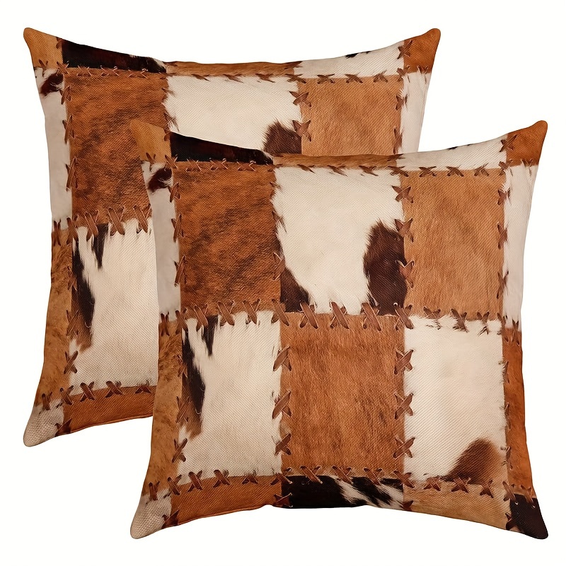 

Vintage Cowhide Print Throw Pillow Covers Set Of 2, Short Plush Fabric, Rustic Patchwork Cow Hide Design, Hand Washable, Decorative Pillowcases 18x18 Inches With Zipper For Bedroom And Living Room