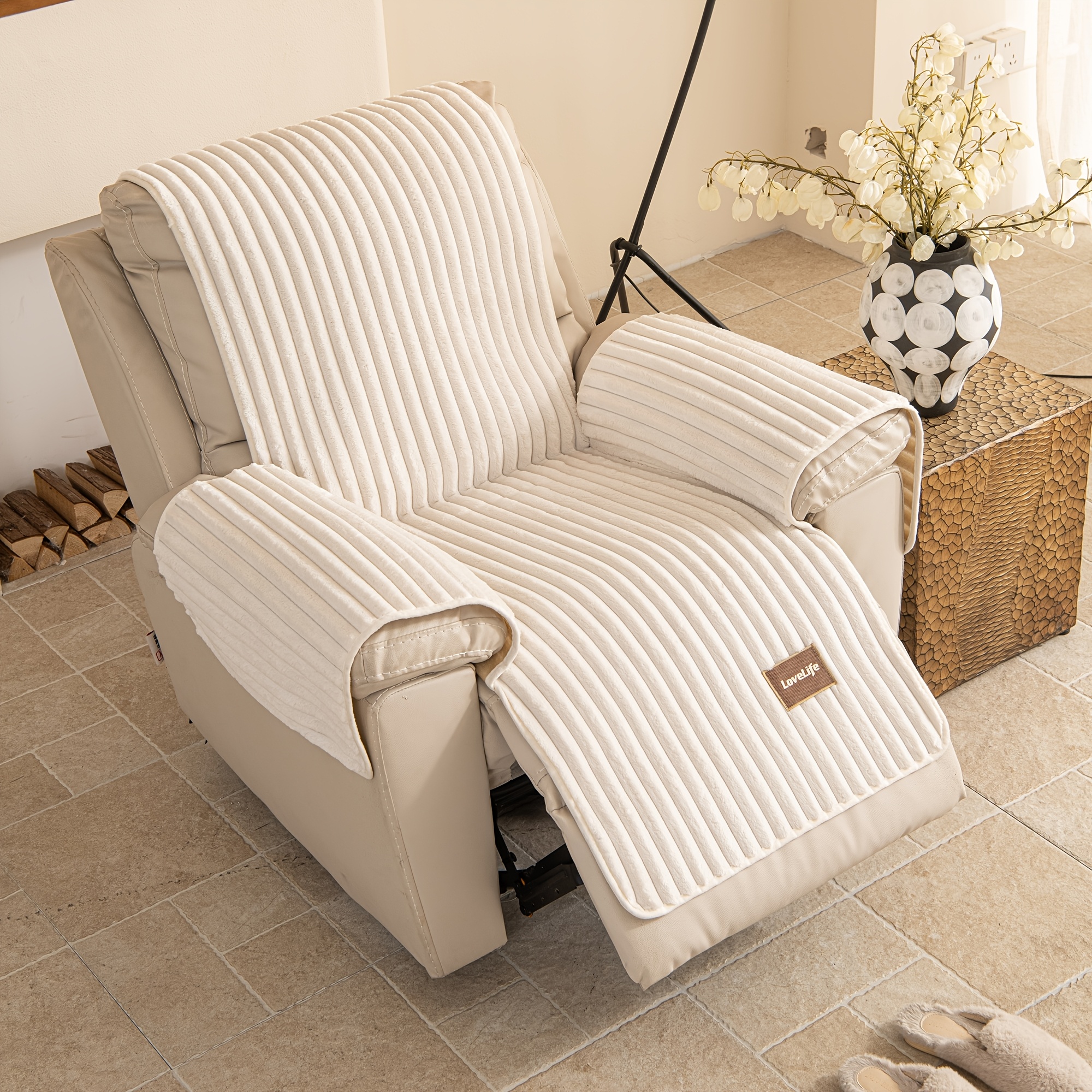 TEMU 1pc Modern Decorative Solid Recliner Cover Letter Label Soft Polyester Fabric Non-slip All Season Easy Washable Perfect For Living Room Office