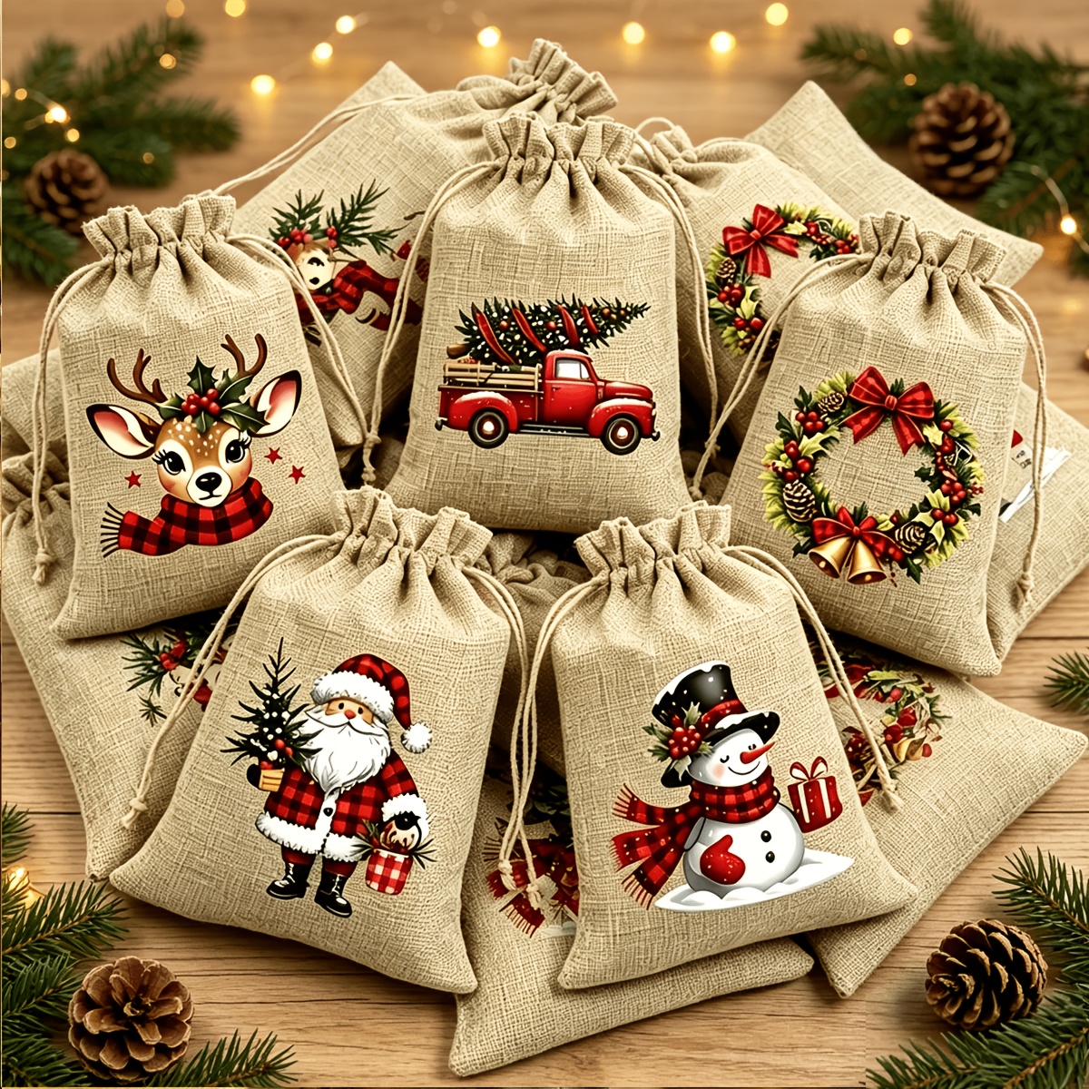 TEMU 15pcs Christmas Themed Printed Drawstring Gift Bags, Reusable Storage Pouches For Holiday Decor, Wedding Birthday Baby Shower Party Favors Gift