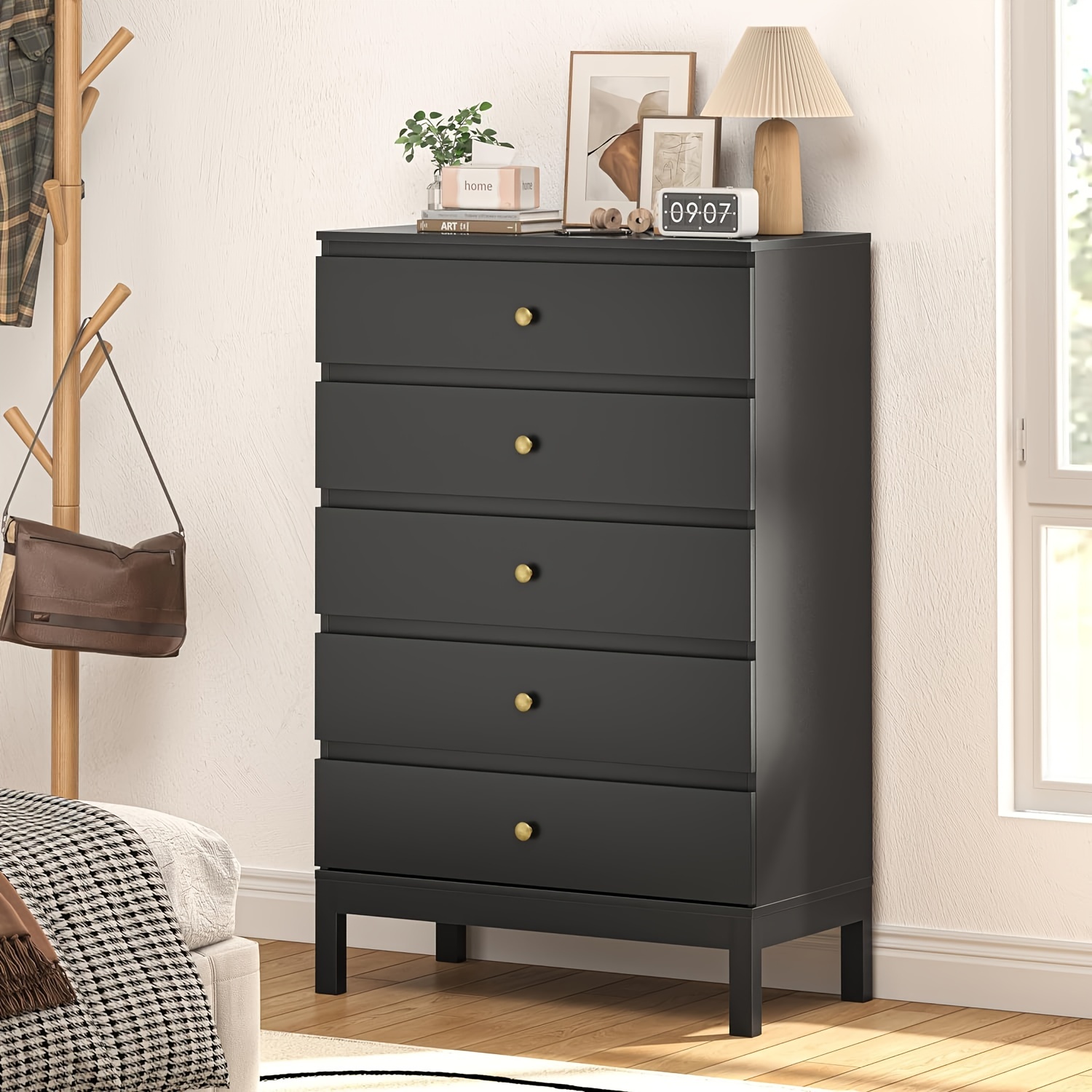 

Black 5 Drawer Dresser Modern Chest Of Drawers With Smooth Metal Rail, Clothing Organizer With Wide Storage Space, Storage Cabinet For Living Room, Bedroom, Closet, Hallway