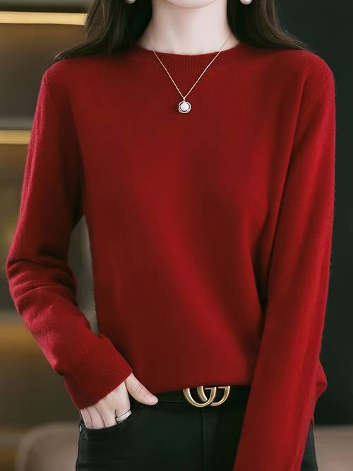fashionable and simple solid color round neck pullover sweater for women elegant and versatile loose fit thin base layer for spring and autumn