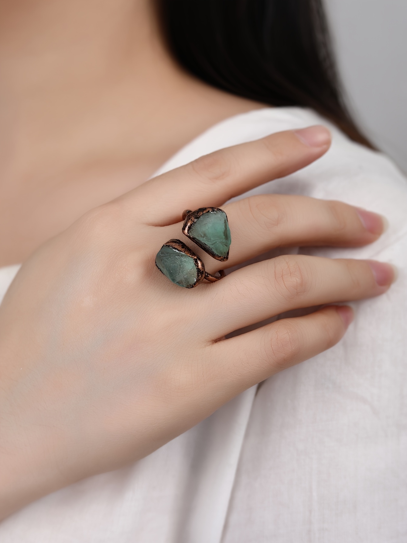 boho chic adjustable ring with unique natural     green fluorite   agate   parties gifts details 7