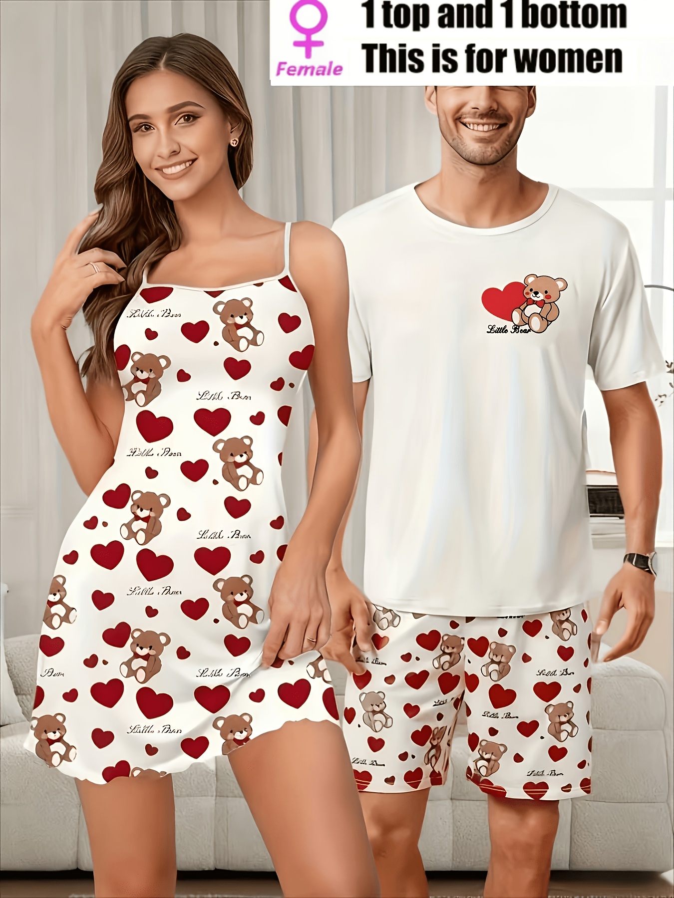 Couple Style Casual Sleepwear Set for Valentine'S Day, Comfortable with Cartoon Bear Prints, Available in a Four-Season Option for Men with a Top And Pants Or for Women with a Nightgown