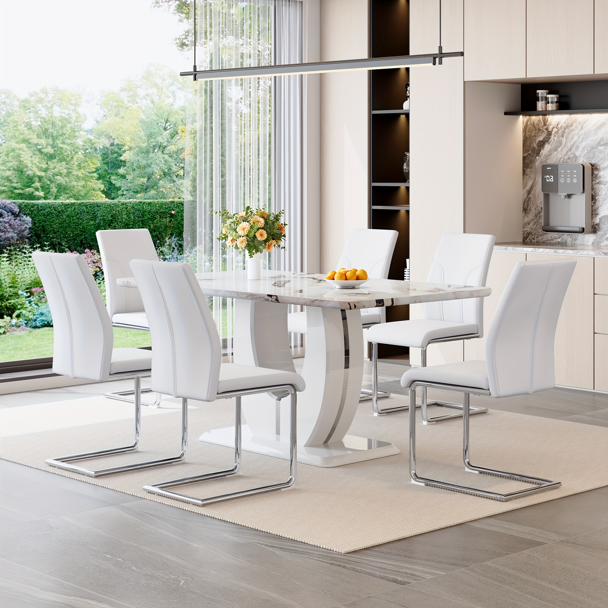 63 modern large   table set for 6 kitchen faux marble table chairs set of 6 63 rectangle kitchen table and 6 pu leather upholstered chairs for kitchen dining room living room   local warehouse Product details 0