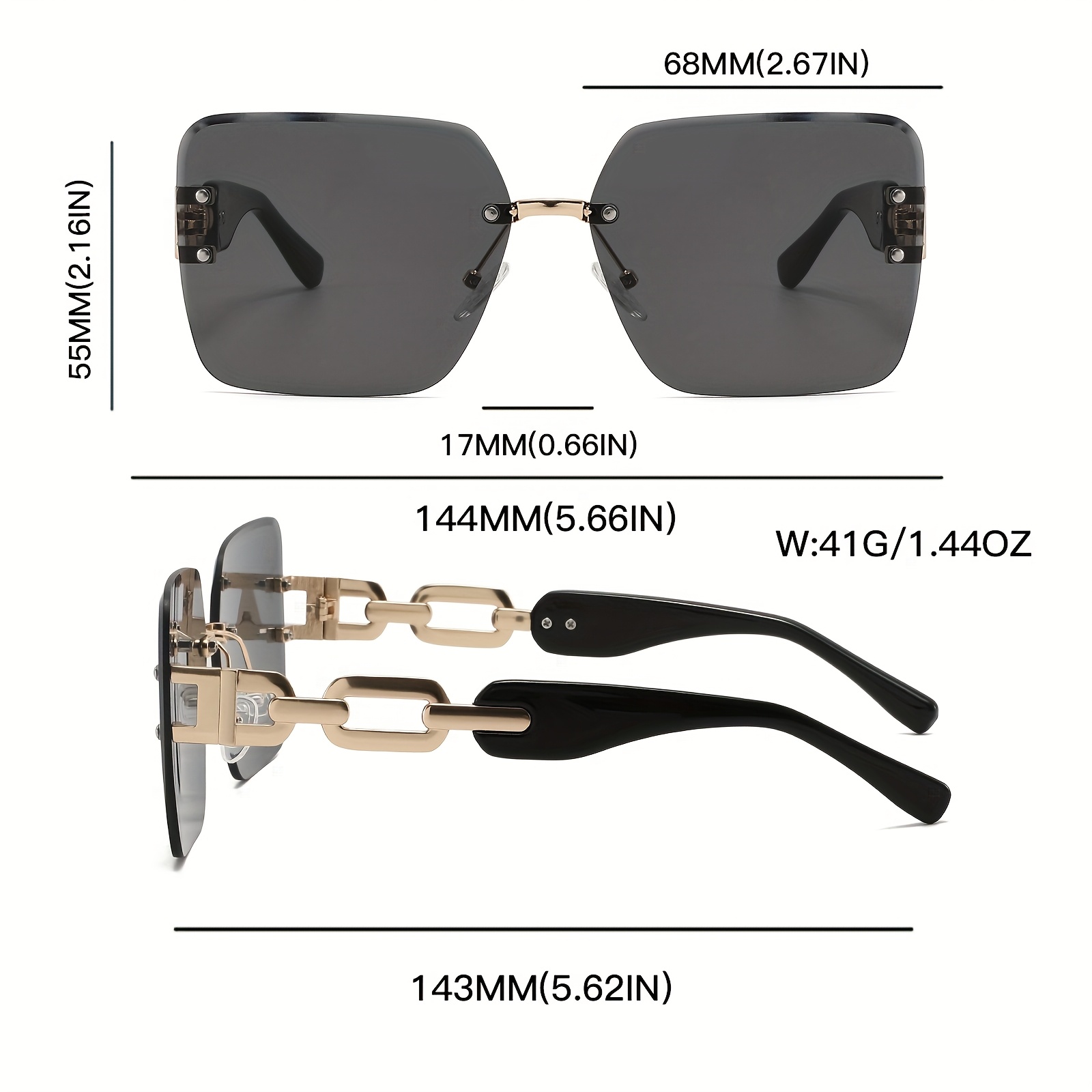 Stilrena och bekväma ramlösa fyrkantiga glasögon från LYNXFLARE, med UV400-skydd. Dessa chic glasögon levereras med kedjearmar, perfekta för gatufotografering och vardagspendling.