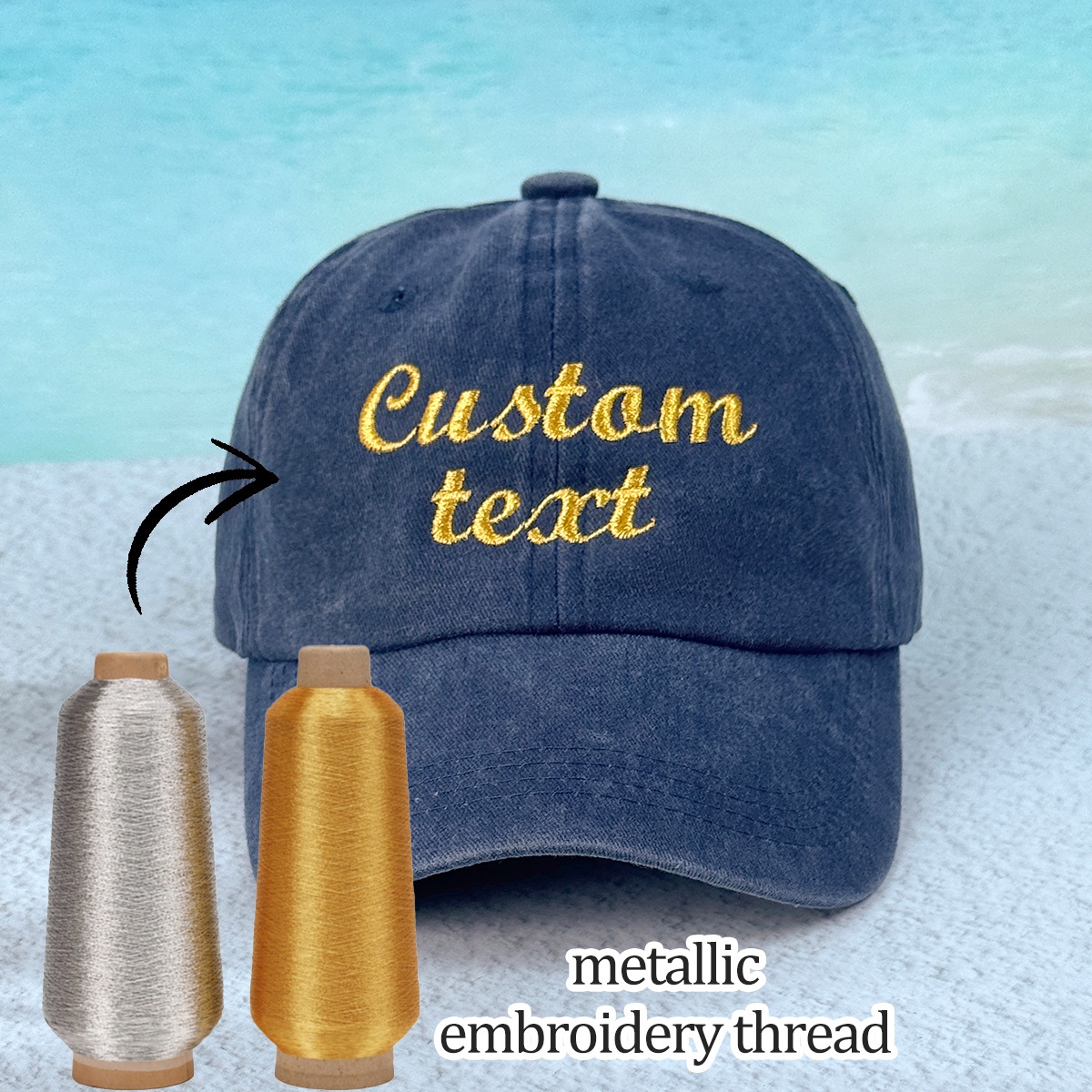 Custom Baseball Cap with Embroidery, Personalized Text in Metallic Thread
