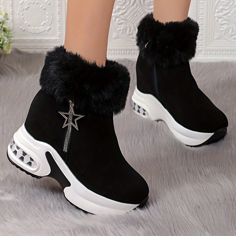 

Women's Chic Black Ankle & Short Boots With Fluffy Fur Trim, Star Zipper Detail - Comfortable Mid-heel, , Fabric For Winter