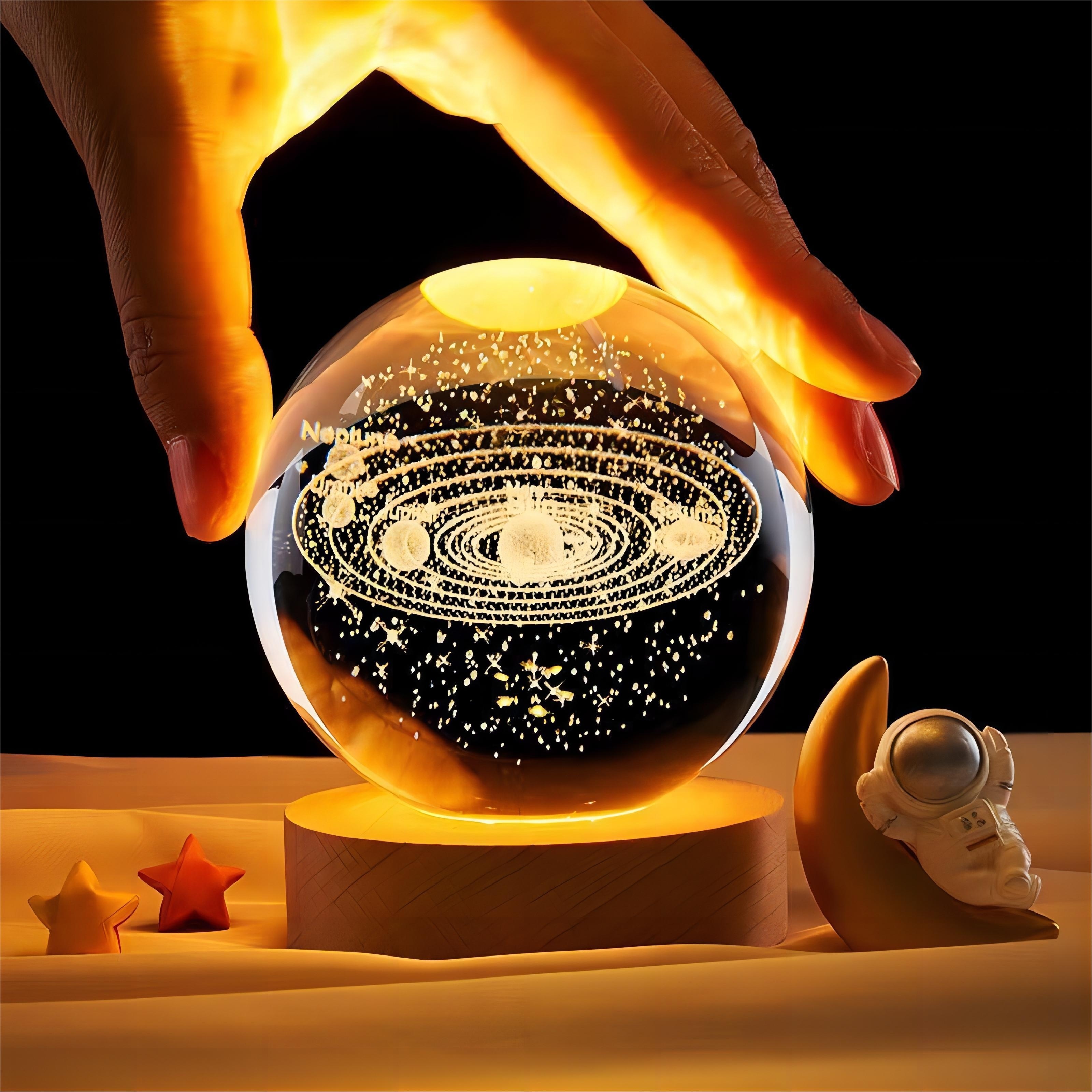 

3d Carved Crystal Ball Night Light, Warm Yellow Light, Wooden Base, Galaxy/solar System/saturn/moon Optional, Bedroom/desktop Decoration, Birthday Gift For Teenagers