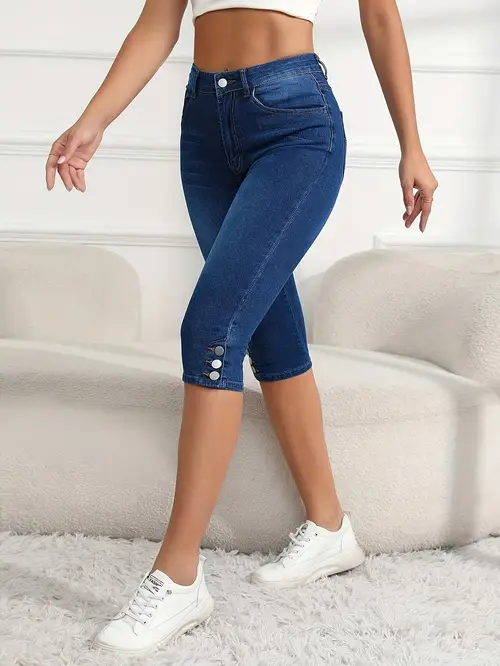 womens stretch denim capri pants with button closure functional pockets length machine washable fit for everyday use leisure activity trousers stylish midlength trousers trousers