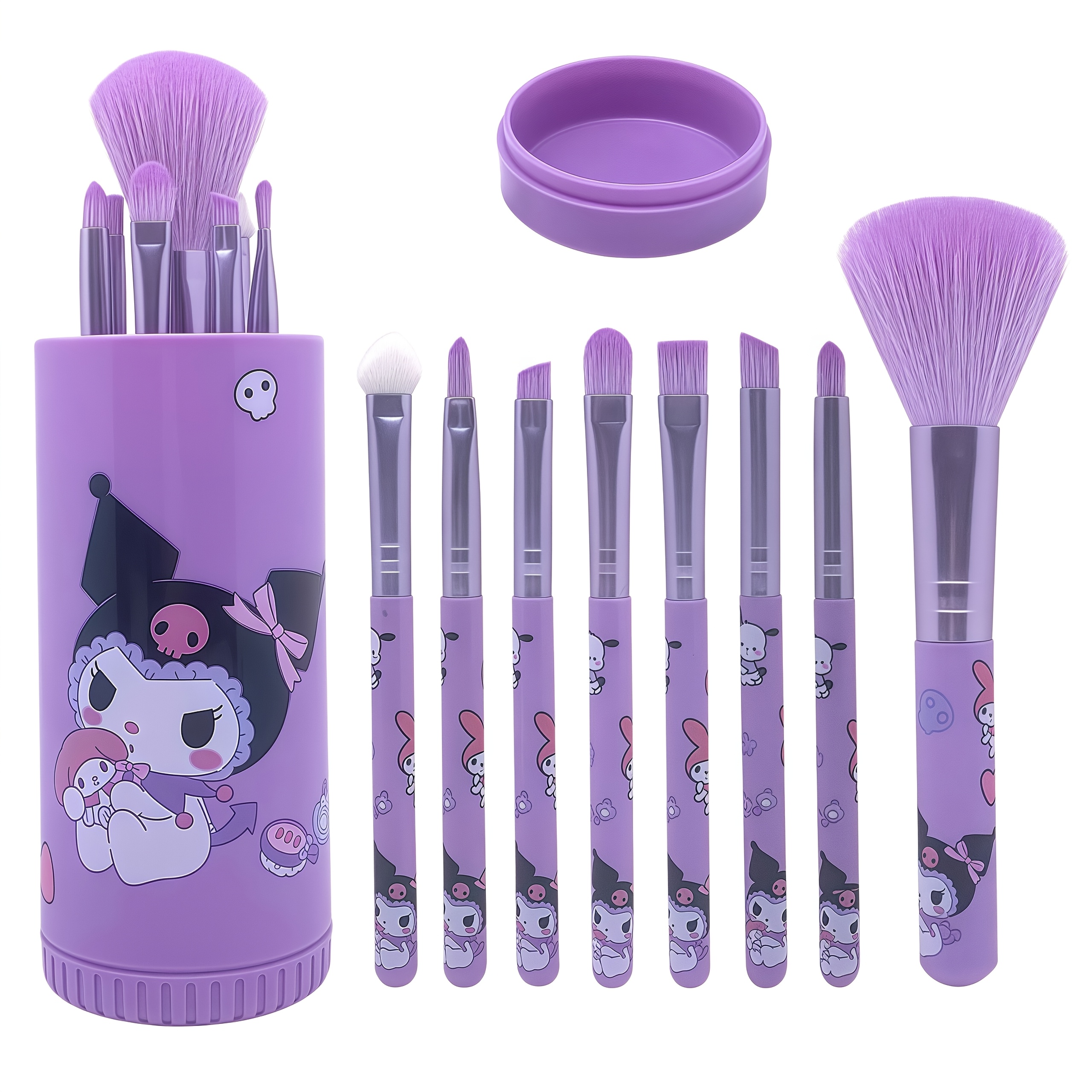 Image of 8pcs For Kuromi Makeup Brush Set | Design, Nylon Bristles, Abs Handle, Oil-free Formula | For All Light Beige Types, Including Blush, Eyebrows, Lips And Eyeshadow Brush, With Decorative Holder