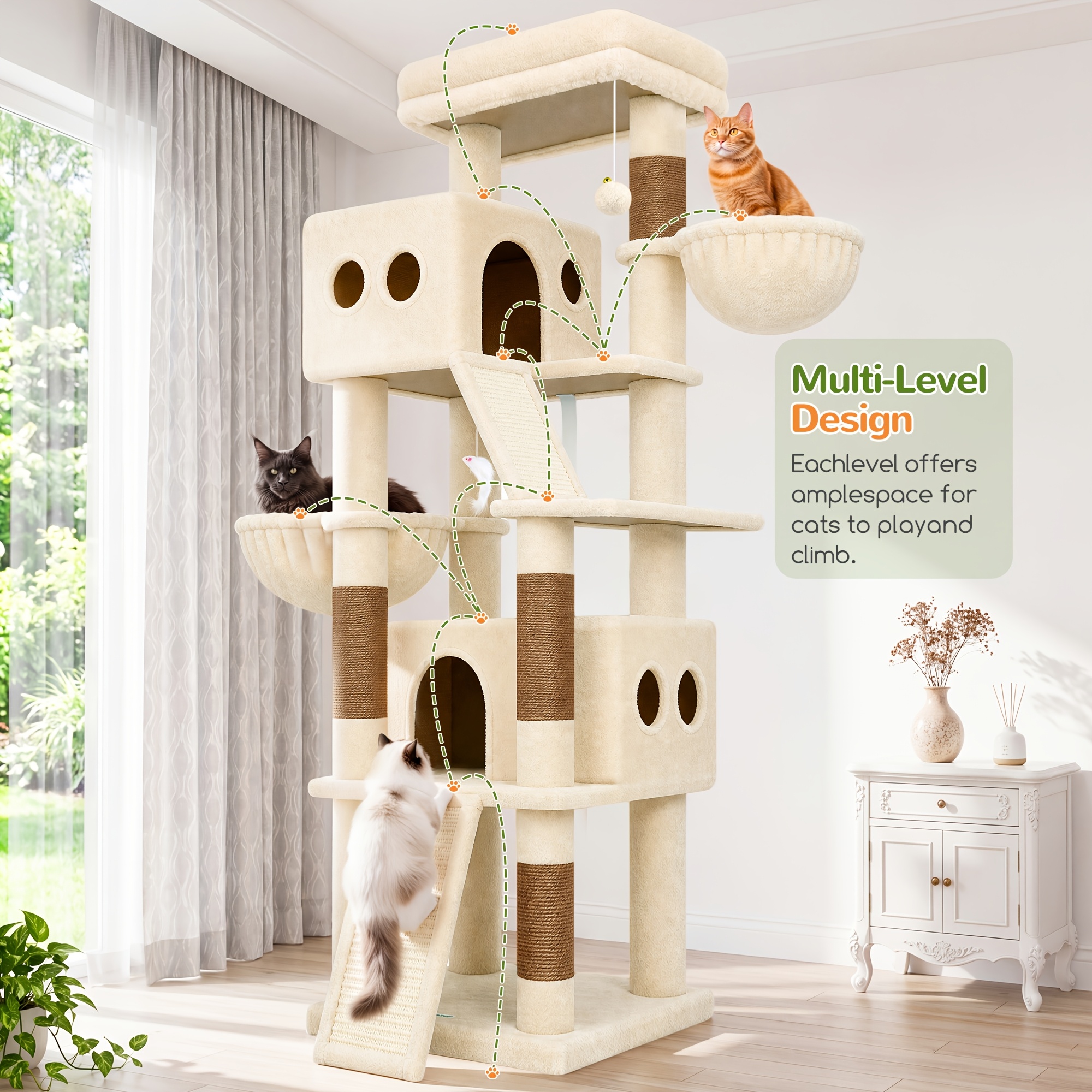 Image of Globlazer 70 Inch Cat Tower For Large Cats, Multi-level Cat Tree With 2 Condos And 2 Hammocks, Stable Cat Tree With Scratching Boards And Reinforced Base For 2-, S70g