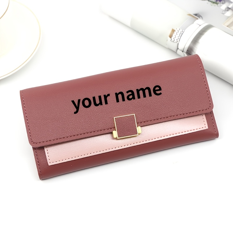 TEMU Customized Women's Name-engraved Color-block Crossbody Wallet, Personalized Long Folding Wallet, Large Capacity Multi-card Slot Wallet, Mother's