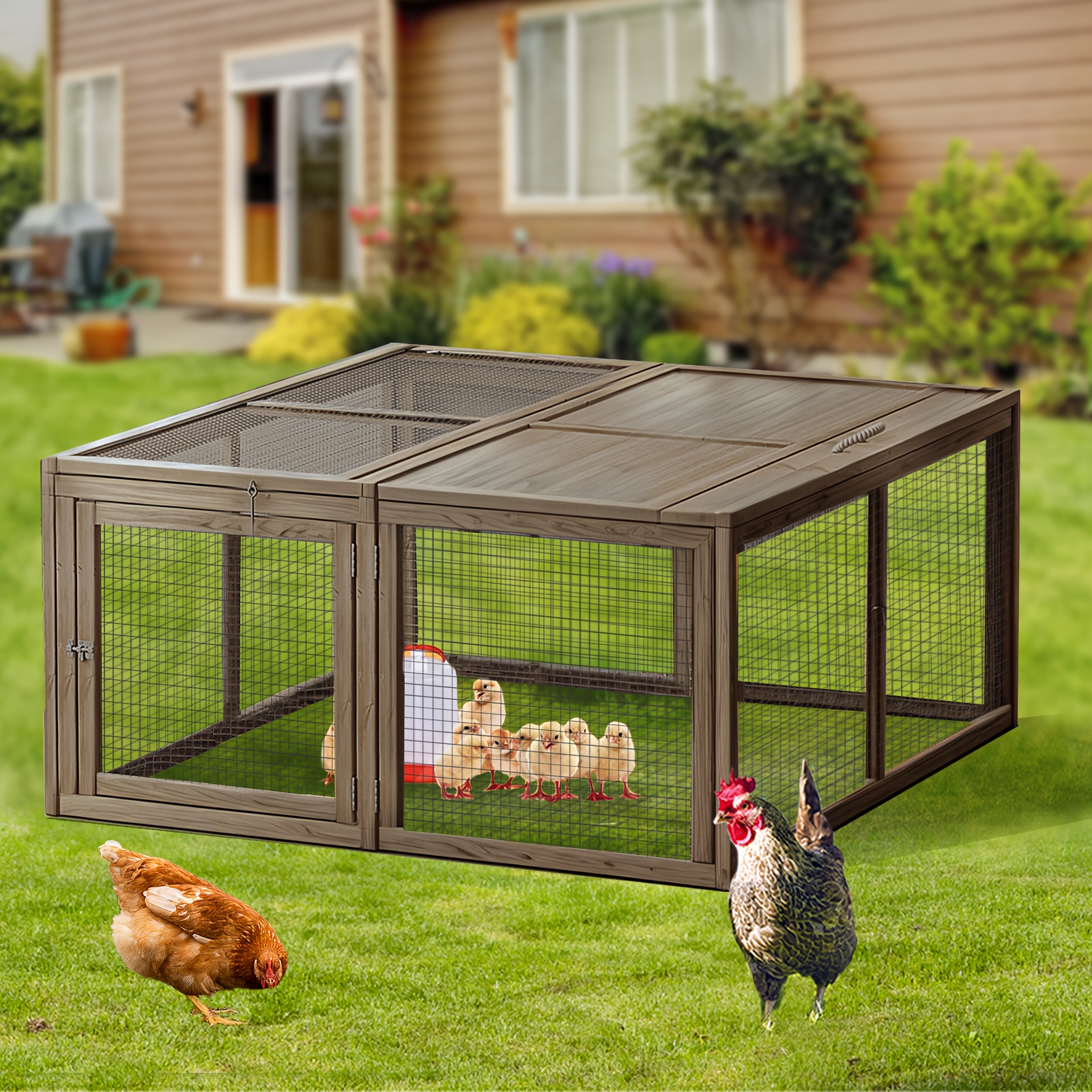 

Outdoor 45'' Folding Chicken Coop Pet Hutch, House With Handle Wooden Small Animal Poultry Pet Cage House For Outdoor Brown