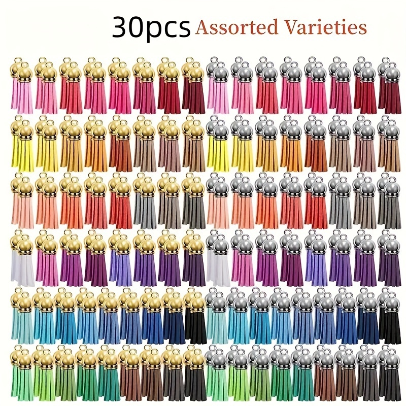 E-shop 30 Stück 38mm Schlüsselanhänger Quasten in Unifarben - Lebendige Multicolor Pink, Grün, Gelb, Orange, Lila, Rot, Braun, Golden, Silber