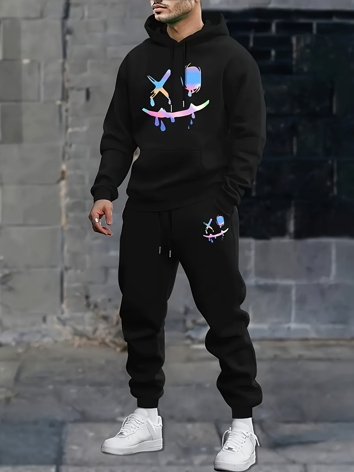 mens 2pcs set neon glow in dark print hooded sweater jogger Temu