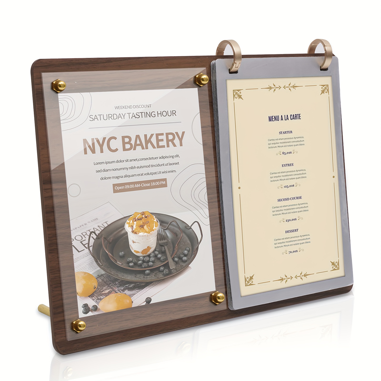 Walnut Flip Tabletop Sign Holder With 2 Display , 5 Pvc Sleeves Included, Perfect Menu Display Stand For Easy Rotation And Visibility