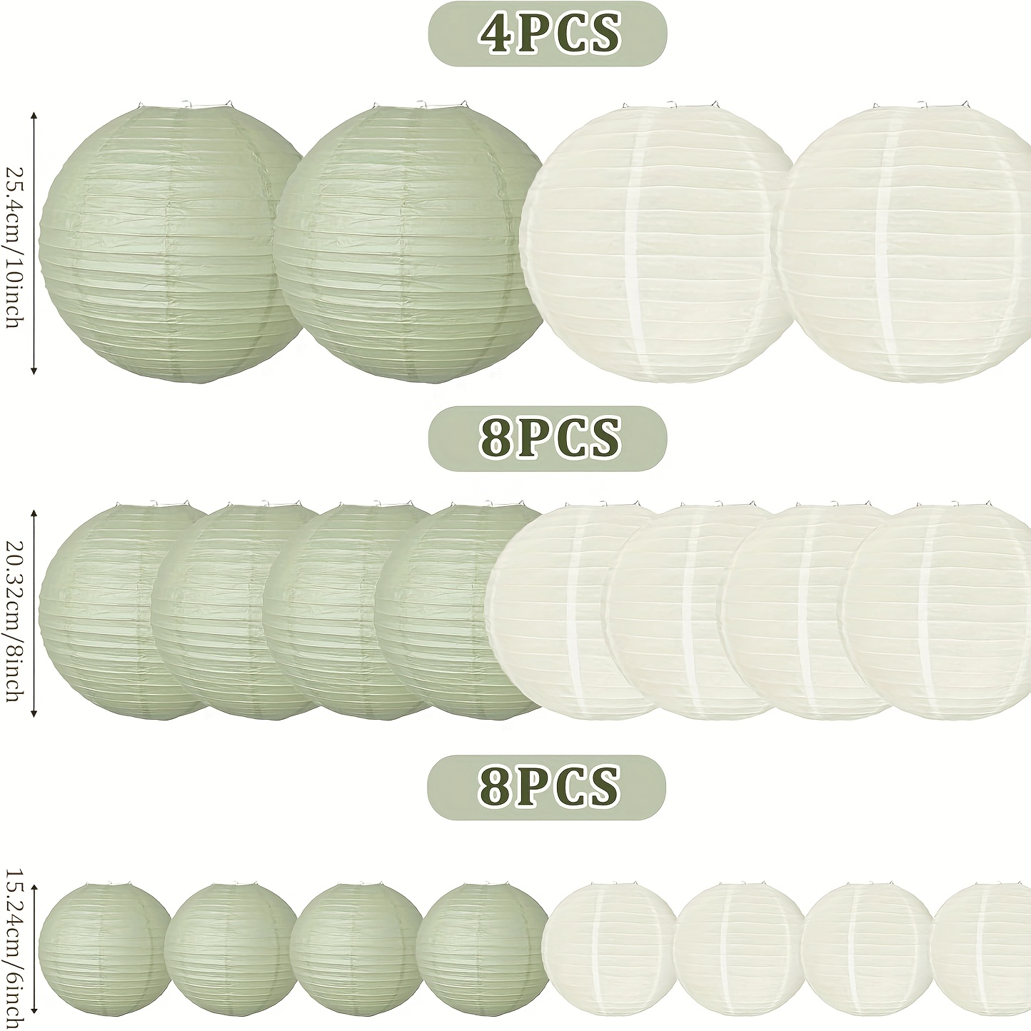 Partiazoo 20-Piece Paper Lanterns Set – Sage Green & Ivory, Round Decorative Lanterns In 6", 8", 10" Sizes For Weddings, Parties, Easter, Graduation