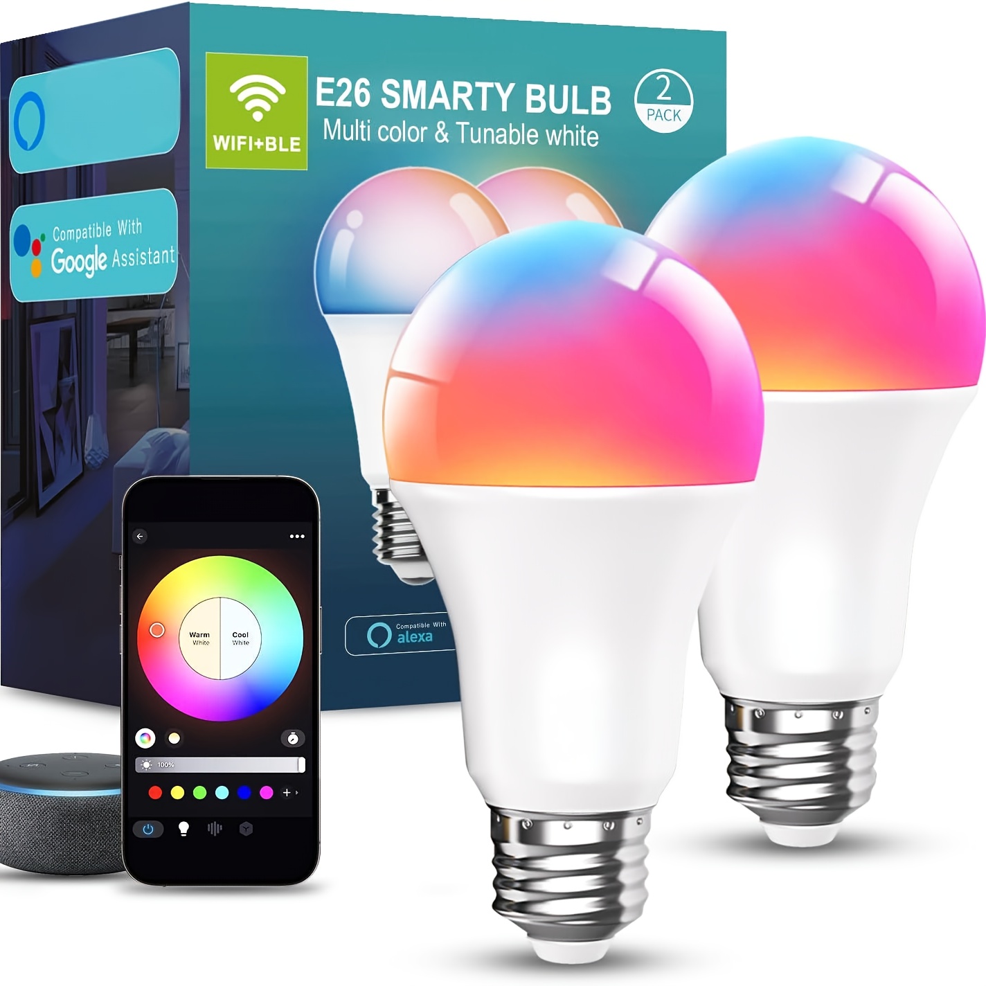 TEMU 6/4/2 Light Bulbs, 9w A19 E26 800lm Wifi Bluetooth Led Bulbs Compatible With Alexa, & Home, 16 Million Colors, Music Sync, Color Changing