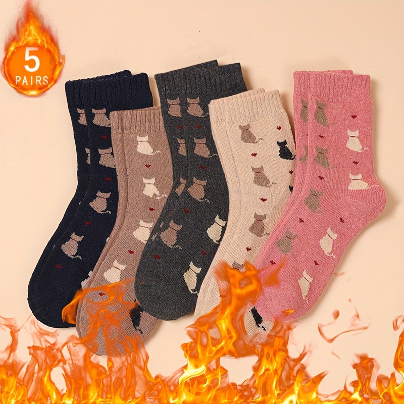 

5pcs Chaussettes Douillettes Doublées en pour Femmes - Design Mignon de Chat de Dessin , Chaudes & Épaisses pour le Confort , Automne Hiver, Chaussettes pour Femmes, Peluche, Chat de Dessin , Chaudes