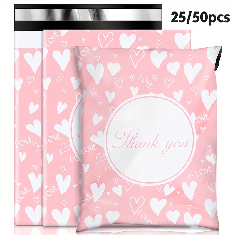 

25/50pcs Oududianzi Plastic Mail Bags 10x13 Inches - With "thank You" Label For Clothing & Mail, Mixed Colors, Heart , Clothing | Romantic | Plastic Bags