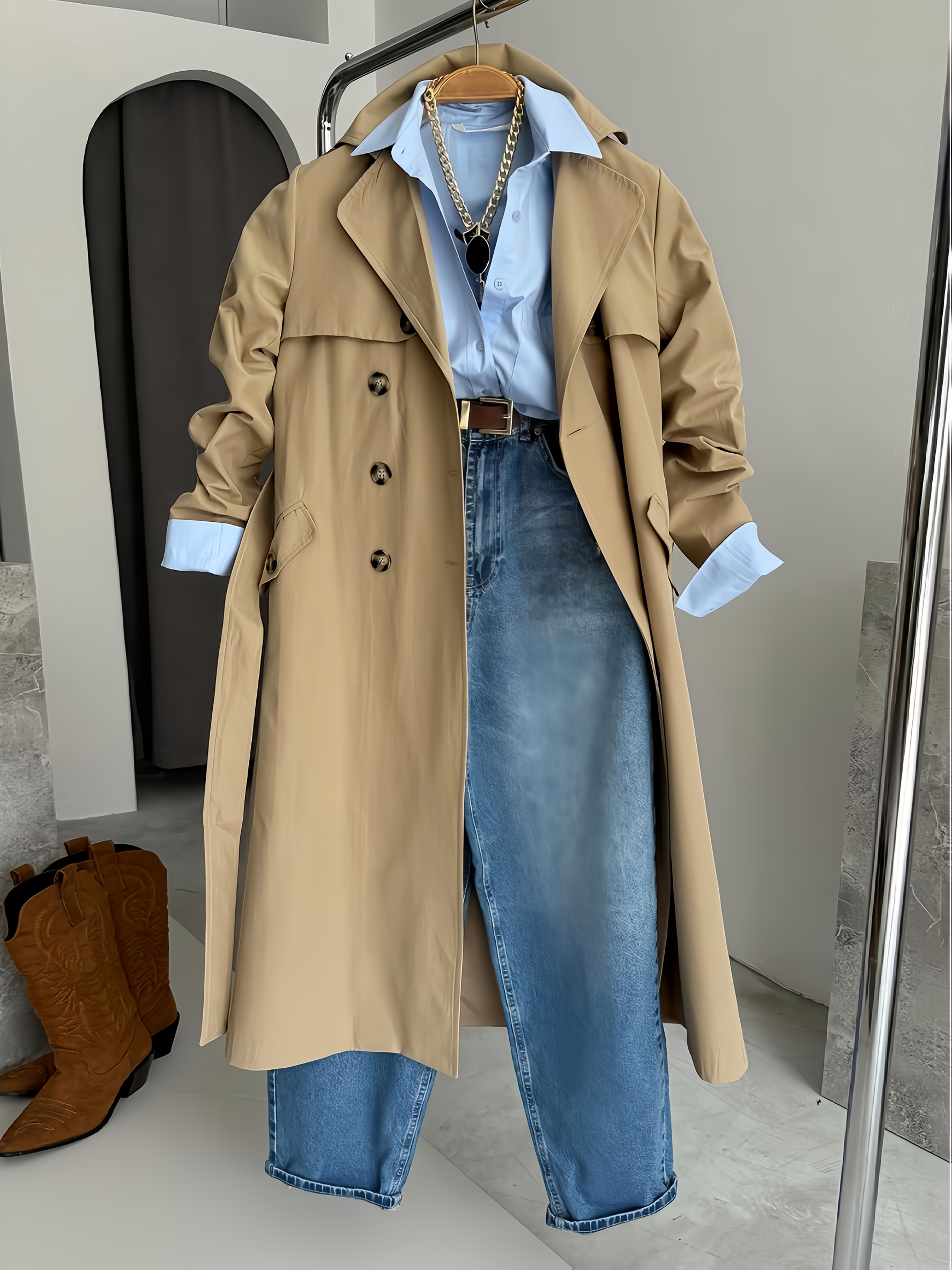 yt dmsk lern chic beov trenchcoat - dlouh rukv, knoflk, dvojit zapnan s kapsami, sms polyesteru, ideln pro podzim a zimu, stylov obleen | klasick dlouh rukv | knoflk vpedu, dlouh rukv trenchcoat 0