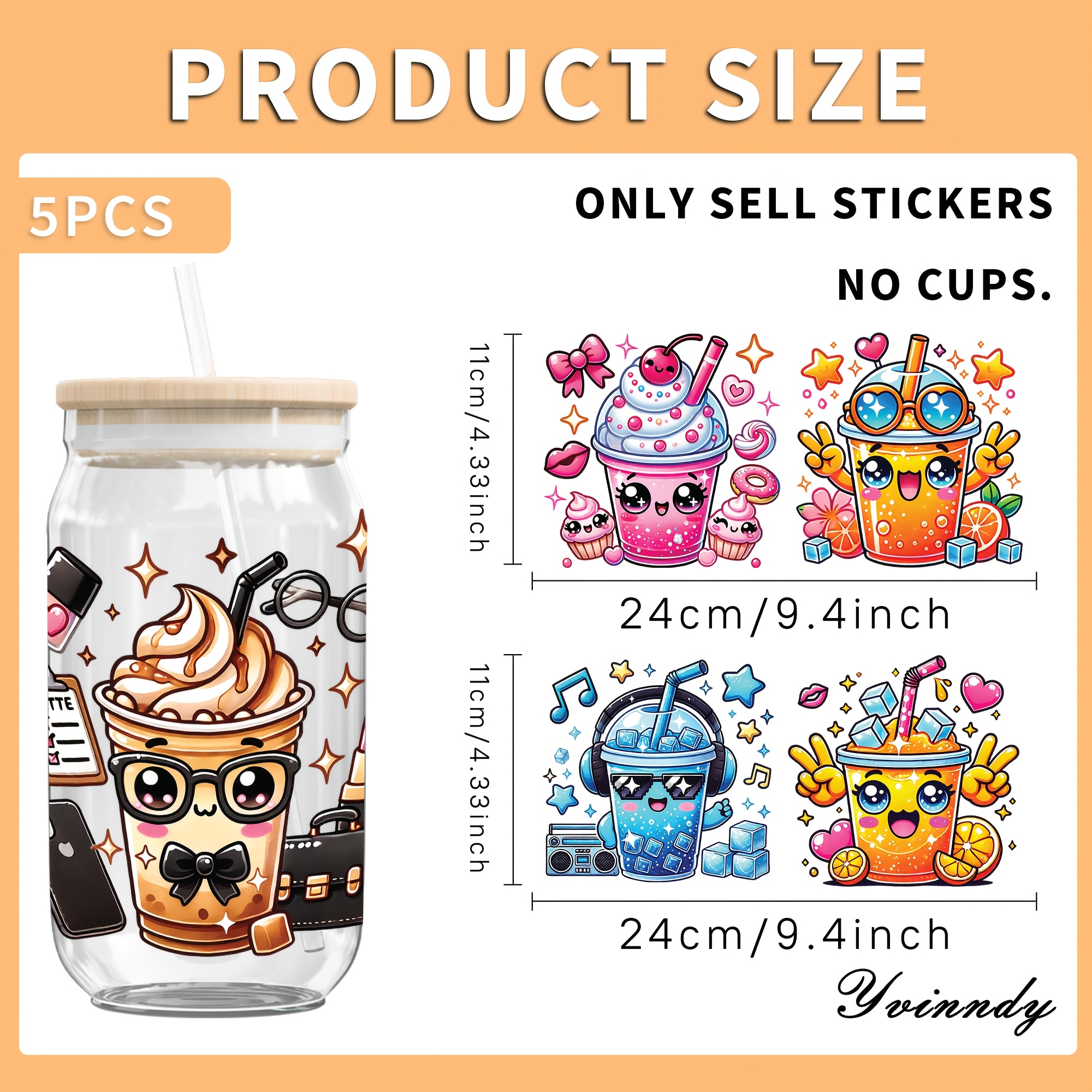 Image of Set Of 5 Adorable Drink Cup Clipart Craft Kits Featuring Crystal Labels, 16oz Glass Jar Wraps, And High-quality Waterproof Uv Dtf Transfer For Mugs, Bottles, Or Glassware. , Cups Not Included